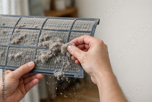 Dirty air conditioner filter being cleaned by hand, removing dust and lint for maintenance and improved air quality in home environment