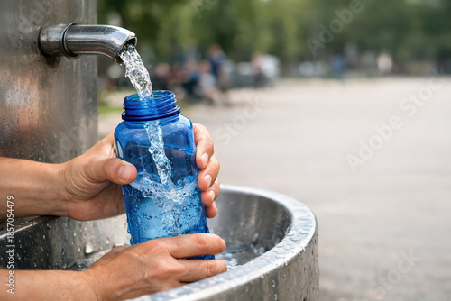Water bottle filling from outdoor drinking fountain with fresh water pouring into blue reusable container, hydration and eco friendly concept