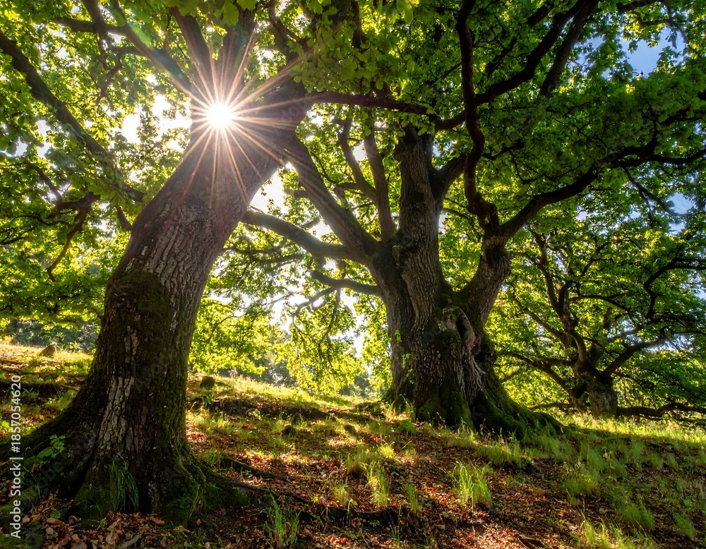 Obraz premium Sunlight streams through large trees in lush green forest