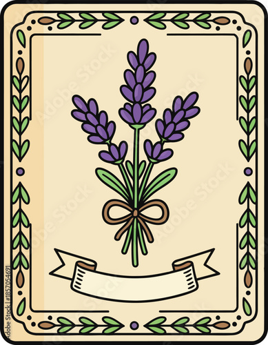 Hand-Drawn Lavender Flower Bouquet with Decorative Frame and Blank Banner