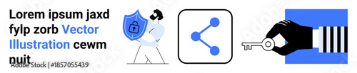 Cybersecurity, data sharing, privacy protection, secure access, digital identity, internet safety. Person holding a shield, a share icon and a hand holding a key. Cybersecurity and data sharing