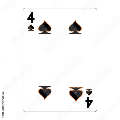 Four of spades. Playing card with golden elements. Casino icons. Pictograms representing different suits. Vector illustration. Flat design for modern visual elements.