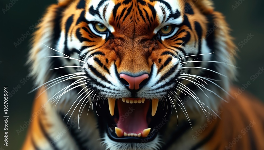 Obraz premium Tiger face extreme close up open mouth showing sharp teeth and pink tongue. Intense stare with yellow eyes. Detailed fur texture and black stripes visible.
