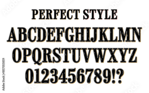 Vintage vector bold serif alphabet font set with decorative double black outline, including uppercase letters A–Z and numbers 0–9 with punctuation, retro headlines, posters and labels.