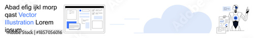 Cloud computing, data transfer, automation, digital communication, artificial intelligence, virtual workspace. A robot interacting with digital interface components and data flow to the cloud. Cloud