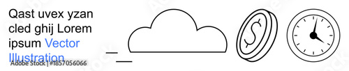 Financial technology, cloud storage, time management, digital services, cost efficiency, data processing. Cloud icon with dollar sign and clock. Cloud computing and financial technology concept