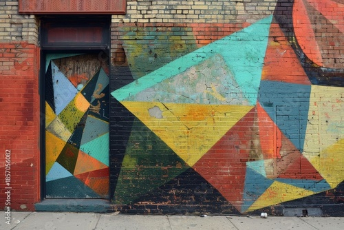 Colorful geometric mural depicting triangles in green, yellow, and blue on urban brick wall