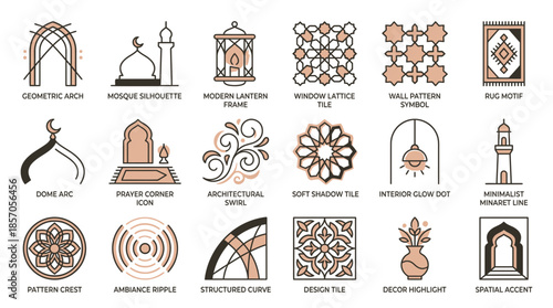 Elegant Islamic Vector Graphic Set for Ramadan Designs, Featuring Mosque Silhouettes, Lanterns, and Geometric Patterns, Perfect for Modern and Traditional Projects