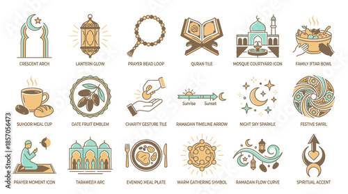 Ramadan Kareem vector icons set for festive celebrations, featuring intricate designs of mosques, dates, crescent moons, lanterns, and traditional iftar meals