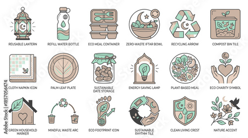 Earth-Friendly Lifestyle Icons Promoting Sustainability and Eco-Consciousness through Reusable Items, Recycling, and Plant-Based Diets in Modern Design