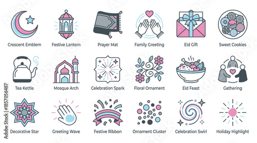 Modern vector set featuring crescent moon, festive lantern, eid gifts, mosque arch, and holiday highlights for vibrant cultural celebrations and community gatherings