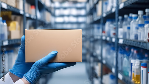 Hands in Blue Protective Gloves Holding a Blank Cardboard Box in a Pharmaceutical Warehouse. Medical supply chain and healthcare logistics concept for pharmaceutical distribution, laboratory storage