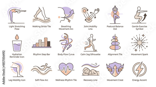 Find Your Balance: Collection of Gentle Exercise, Wellness, and Fitness Icons for Health, Mobility, and Recovery, Perfect for Apps, Websites, and Health Guides