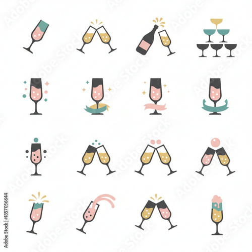 Elegant flat vector icon set featuring various champagne glasses, bottles, and celebratory toasts, ideal for New Year's Eve, anniversaries, and festive occasion designs, conveying joy and success