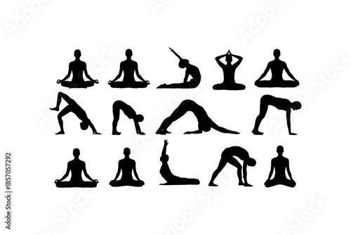 Set of silhouettes of woman and man doing yoga exercises big collection of yoga and meditation vector icon, boy and girl stretching and relaxing her body in many different isolated yoga poses