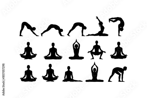 Set of silhouettes of woman and man doing yoga exercises big collection of yoga and meditation vector icon, boy and girl stretching and relaxing her body in many different isolated yoga poses