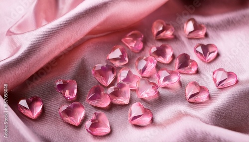 pink crystal hearts on silky fabric background