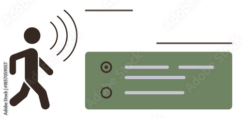 Human figure activating motion sensor emitting signals connected to notification panel. Ideal for security, automation, detection, innovation, smart home, technology, safety. Simple flat metaphor