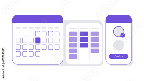 Digital appointment booking and scheduling interface with calendar, time slots, and confirmation screen, concept for healthcare services