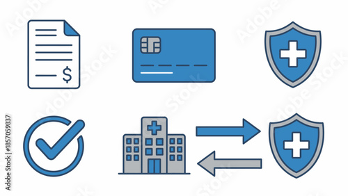 A graphic representation of financial transactions and health insurance, including payment methods and confirmation icons, suitable for healthcare billing and administrative themes