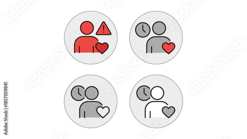 Healthcare icons symbolizing patient status and care duration, Patient monitoring and time of service symbols