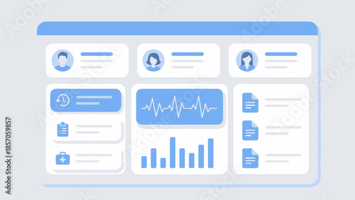 Modern digital health dashboard UI with user profiles, medical data visualizations, and document icons, Sleek blue and white interface for healthcare applications and web design