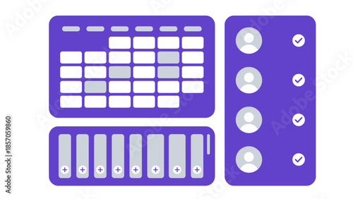 Clean and modern UI design elements showcasing a calendar grid and user list with checkmarks, abstract digital interface components