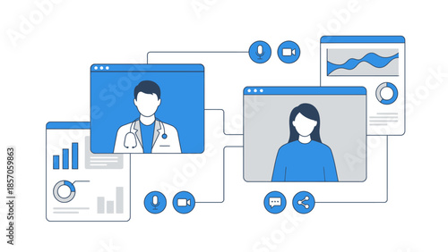 Telemedicine consultation with a doctor and patient, remote healthcare communication, and data visualization