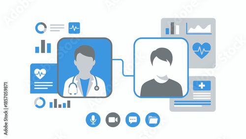 Illustration of a doctor and patient video call with health data visualizations, Telemedicine concept with digital health icons, Online doctor consultation