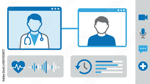 Online doctor consultation via video call with patient, showing health data and communication icons