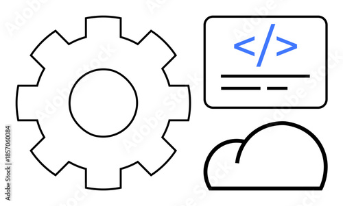 Technology, software development, cloud computing, digital innovation, programming, web services. Gear, cloud and code symbols in a minimalistic design. Technology and software development concept