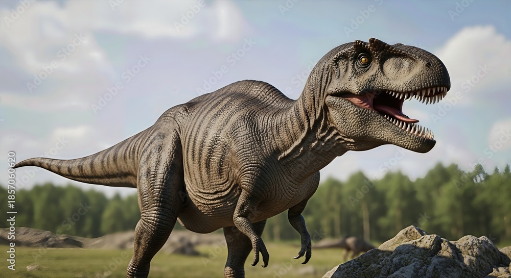 Fototapeta premium A Tyrannosaurus Rex strides across a grassy plain during the day. The dinosaur displays a formidable presence against the backdrop of rocks and distant trees. The dinosaur seems hungry