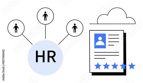 HR process showing candidate connections to a human resources hub. Features resumes, ratings, and cloud systems. Ideal for recruitment, hiring, HR technology, talent management, job applications