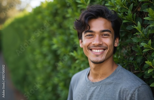 Young man with dark wavy hair smiles broadly at camera outdoors. He stands near rich green hedge, wearing grey t-shirt. His expression conveys happiness, confidence. He appears relaxed, friendly.
