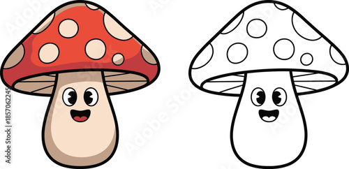 Cute Happy Cartoon Mushroom Character Illustration with Red Cap and Outline for Coloring
