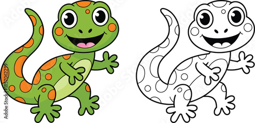 Cute Cartoon Green Gecko and Lizard Vector Illustration with Coloring Page Version