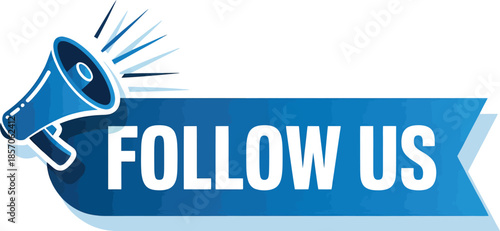 Isolated Blue 'FOLLOW US' Vector Banner with Megaphone Icon for Social Media