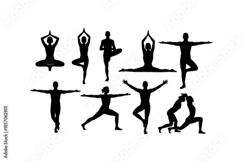 Set of silhouettes of woman and man doing yoga exercises big collection of yoga and meditation vector icon, boy and girl stretching and relaxing her body in many different isolated yoga poses