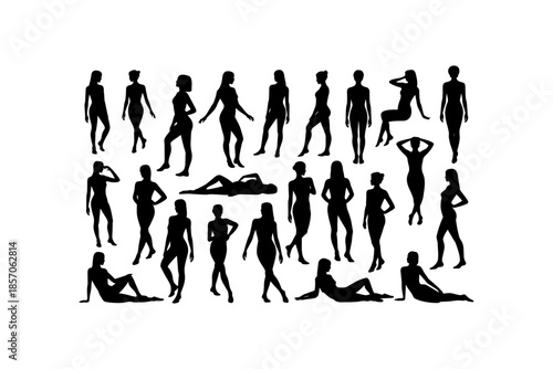 Set of silhouettes of woman and man doing yoga exercises big collection of yoga and meditation vector icon, boy and girl stretching and relaxing her body in many different isolated yoga poses
