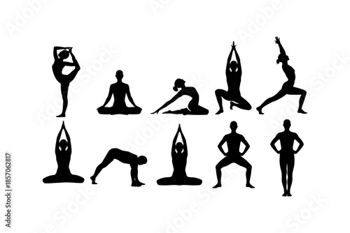 Set of silhouettes of woman and man doing yoga exercises big collection of yoga and meditation vector icon, boy and girl stretching and relaxing her body in many different isolated yoga poses