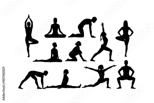 Set of silhouettes of woman and man doing yoga exercises big collection of yoga and meditation vector icon, boy and girl stretching and relaxing her body in many different isolated yoga poses