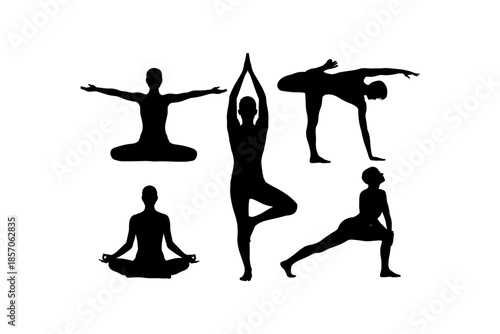 Set of silhouettes of woman and man doing yoga exercises big collection of yoga and meditation vector icon, boy and girl stretching and relaxing her body in many different isolated yoga poses