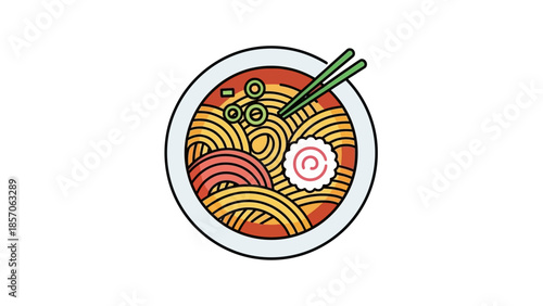 Illustration of a Japanese ramen noodle soup dish with chopsticks on a white background