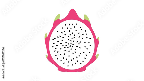 Freshly cut vibrant tropical dragon fruit half, a healthy and exotic ingredient for whisked drinks, smoothies, and culinary recipes, displaying its unique pink skin and white seeded flesh