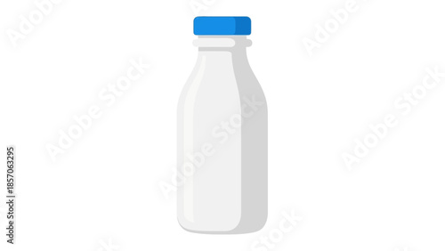 Simple flat vector illustration of a fresh white liquid in a clear plastic bottle with a blue cap, ready for pouring, mixing, or whisking into your daily recipes and beverages