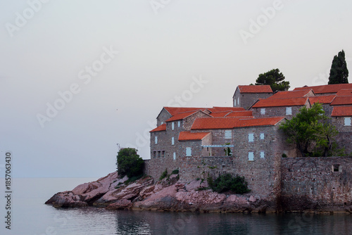 Evening view to Sveti Stefan island, Budva, Montenegro