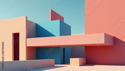 Abstract geometric shapes form minimalist structure. Clean lines and simple forms in soft pastel colors create modern architectural concept. This design balances shapes and shadows for visual appeal.