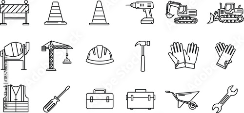 Construction tools and safety equipment icon set, building machinery symbols, industrial work site elements, line vector illustration