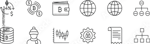 Cryptocurrency finance and blockchain icon set showing bitcoin wallet trading analytics security global network investment concepts