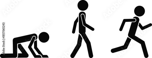 Human movement evolution icon set, crawling walking running stages, physical development progress, fitness activity sequence, black vector illustration